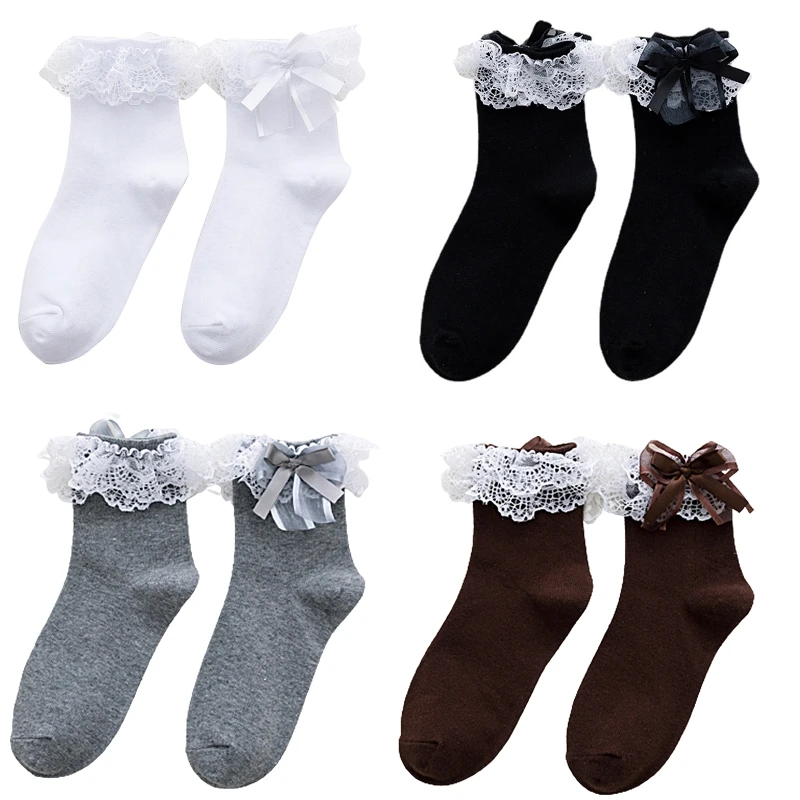 1 чифт прекрасни едноцветни чорапи за жени и момичета, чорапи Jk с дантелен завършек и лък Изображение 0