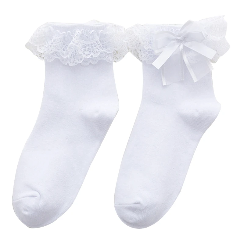 1 чифт прекрасни едноцветни чорапи за жени и момичета, чорапи Jk с дантелен завършек и лък Изображение 2