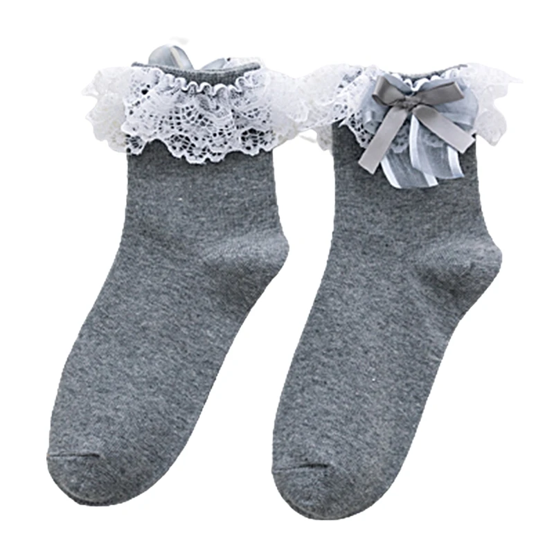 1 чифт прекрасни едноцветни чорапи за жени и момичета, чорапи Jk с дантелен завършек и лък Изображение 4