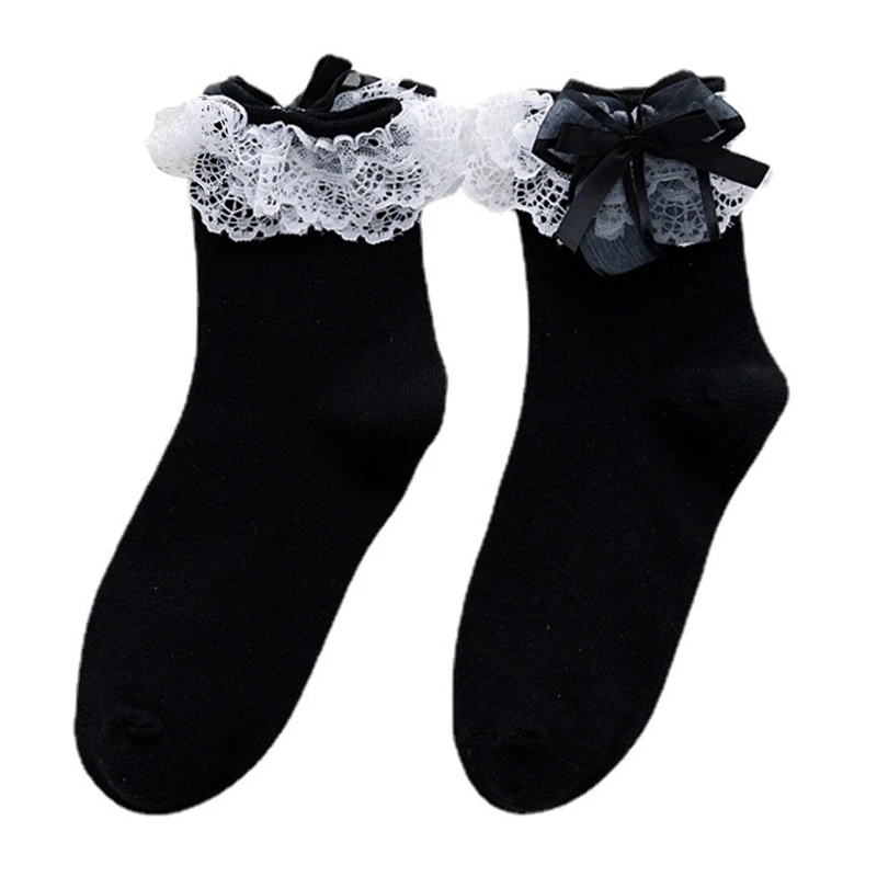 1 чифт прекрасни едноцветни чорапи за жени и момичета, чорапи Jk с дантелен завършек и лък Изображение 5