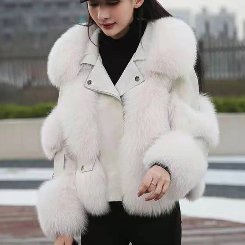 2023 Есен зима дебела топло яке от изкуствена кожа, дамски якета и палта палто с яка от лисьего кожа Зимно палто от изкуствена кожа с високо качество Изображение 1