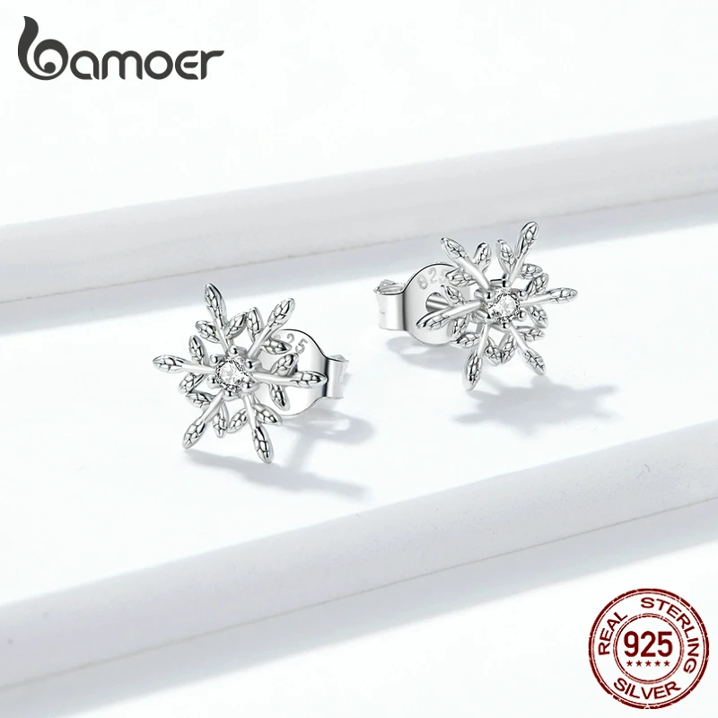 bamoer Автентични обеци от сребро проба 925 с романтични снежинками за жени, бижута в корейски стил, Moda Bijoux BSE424 Изображение 3