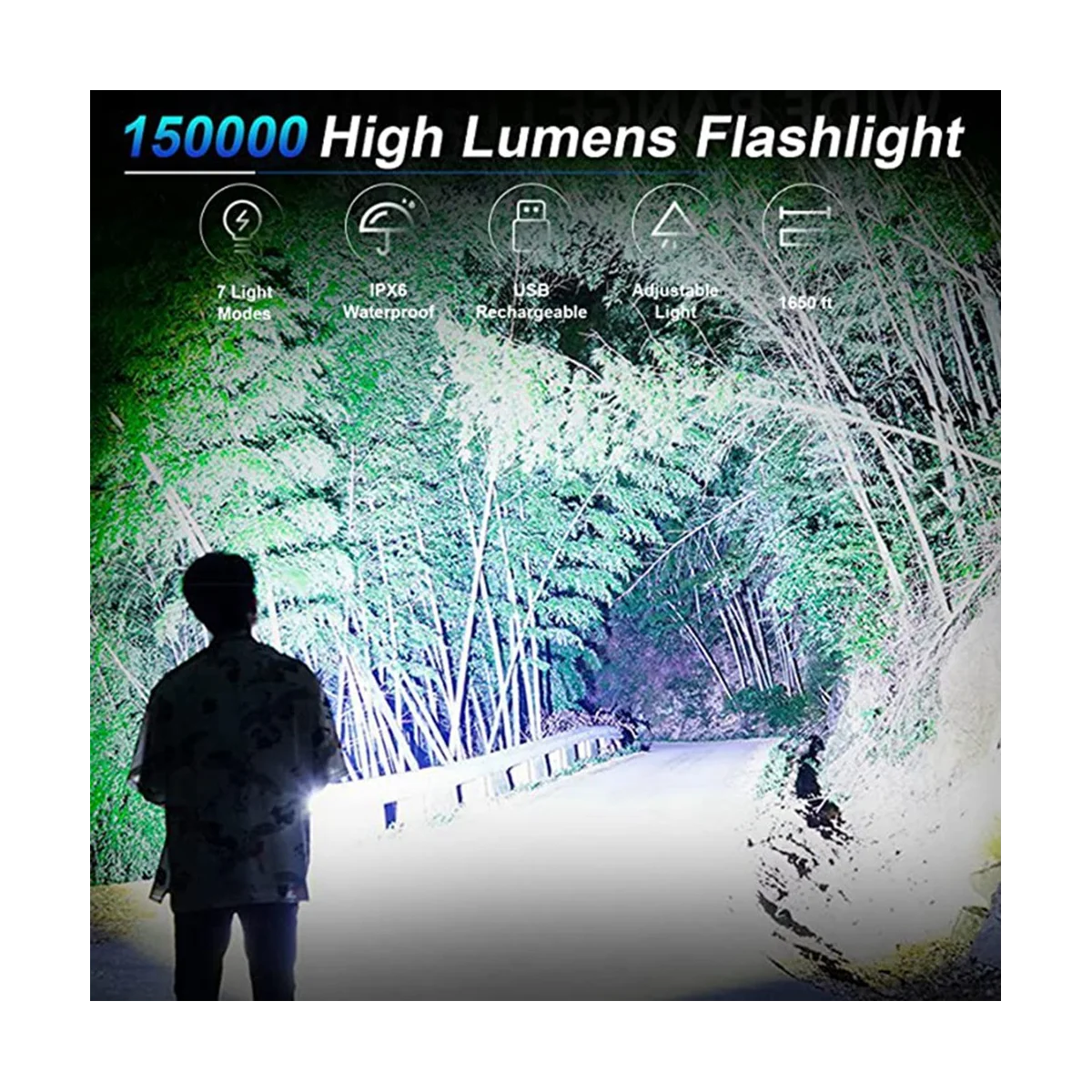 Акумулаторна фенерче, 2 сверхярких фенерче с висока разделителна способност от 150 000 лумена, 7 режима, мощен ръчен led фенерче Изображение 1