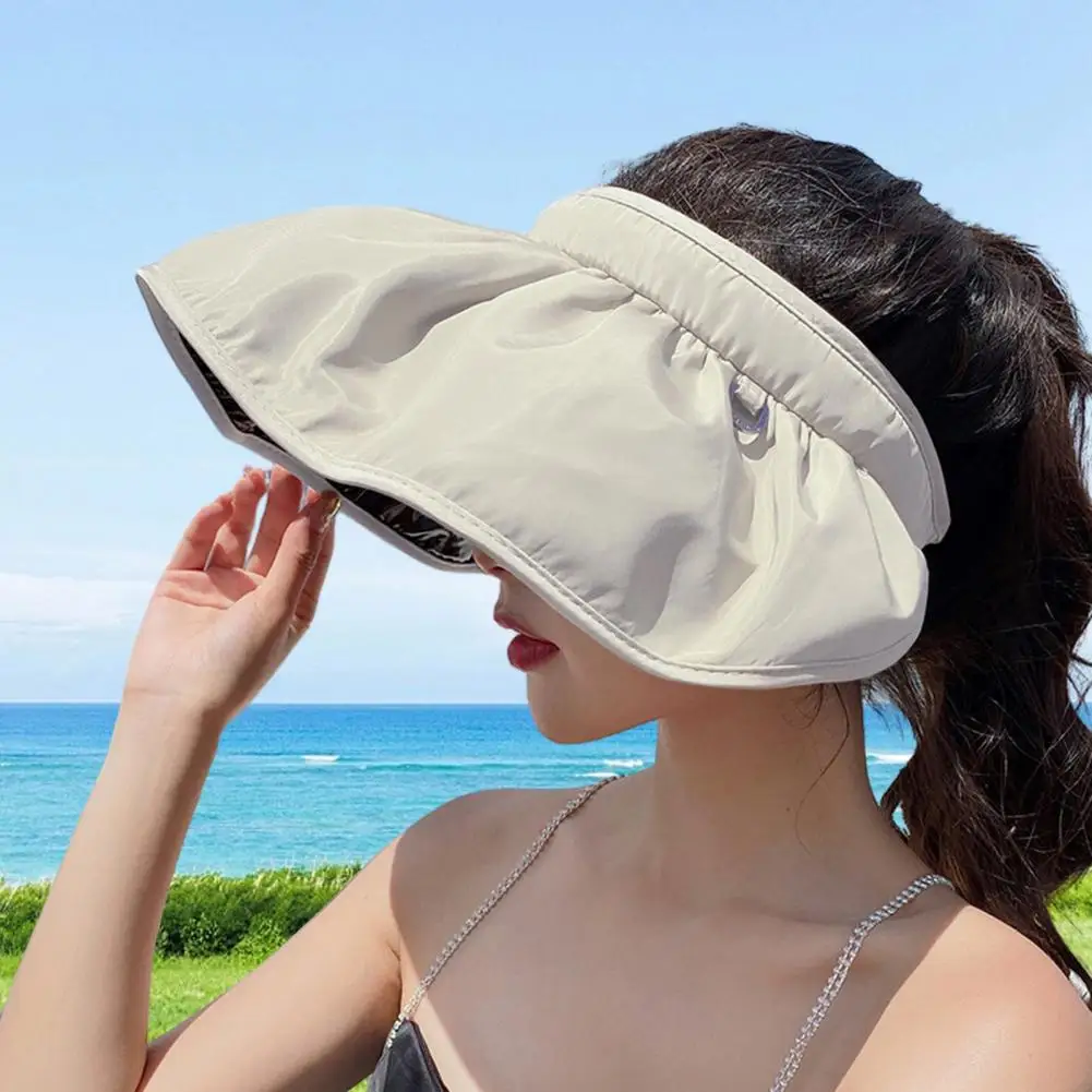 Дамска плажна шапка, солнцезащитная дишаща сгъваема превръзка на главата и с широка периферия, регулируема защита от ултравиолетови лъчи, однотонная лятна шапка с отворен покрив Изображение 1