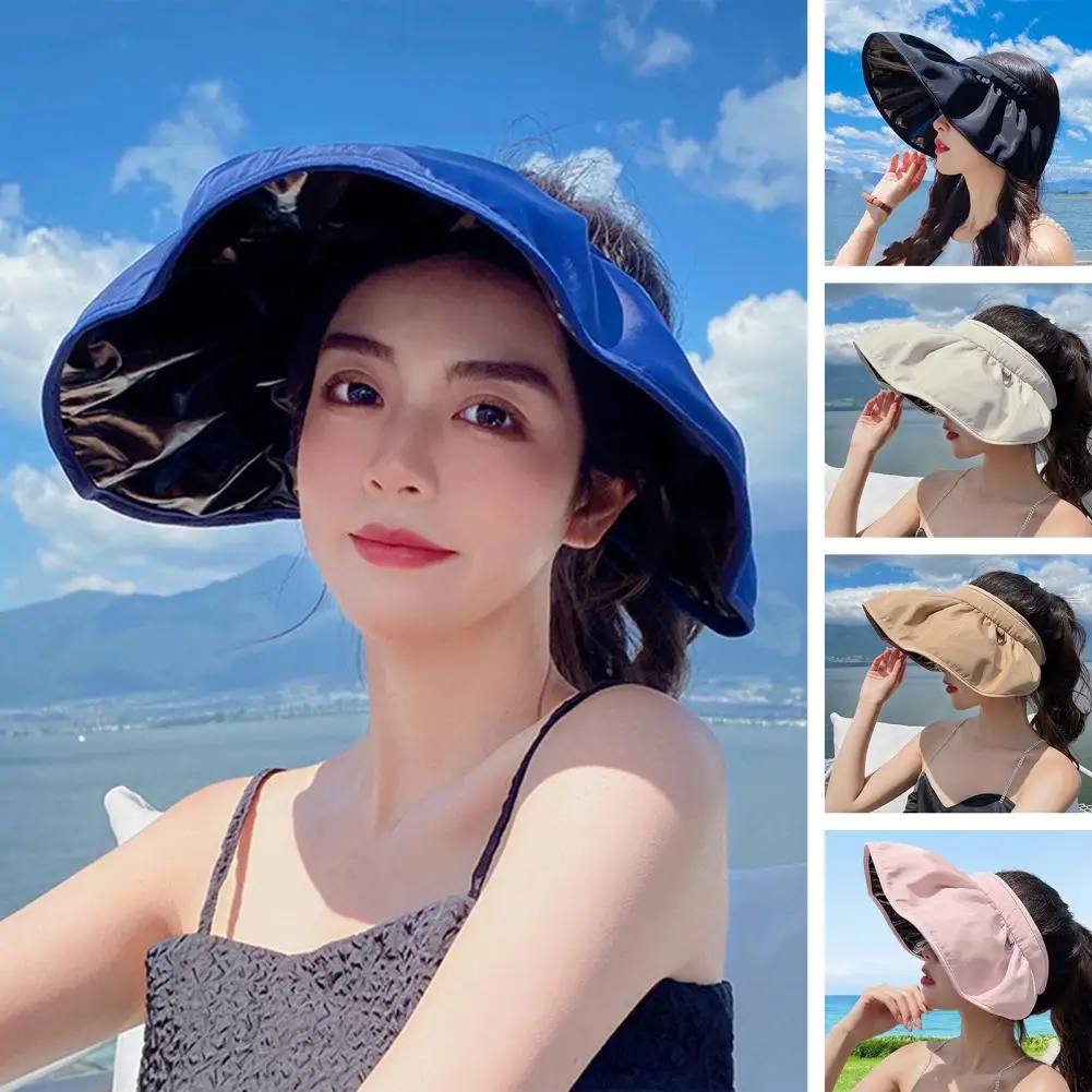 Дамска плажна шапка, солнцезащитная дишаща сгъваема превръзка на главата и с широка периферия, регулируема защита от ултравиолетови лъчи, однотонная лятна шапка с отворен покрив Изображение 3