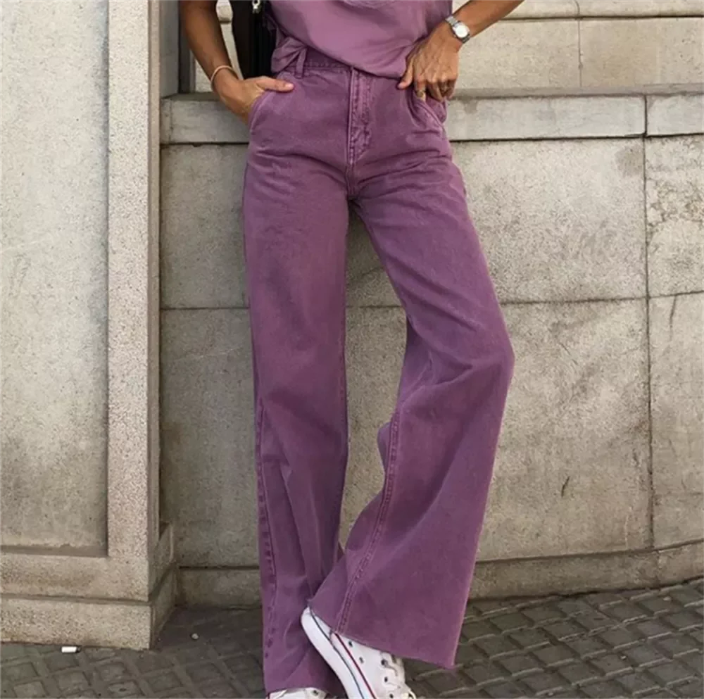 Дънки дамски ежедневни преки свободни панталони с висока талия, тънки дамски панталони, есенна градинска дрехи, дамски дънкови панталони лилав цвят Изображение 2