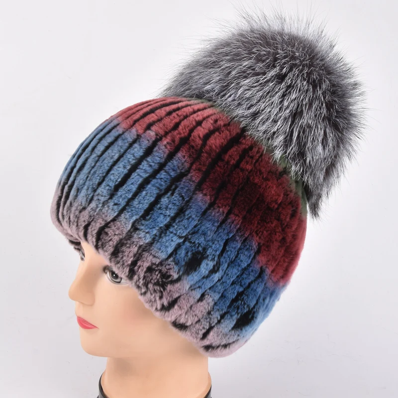 Зимна шапка от кожа заек рекс за жени с pom-помераните от лисьего кожа, най-crochet-шапки, кожени шапки, нова марка, ежедневни шапки добро качество Изображение 0