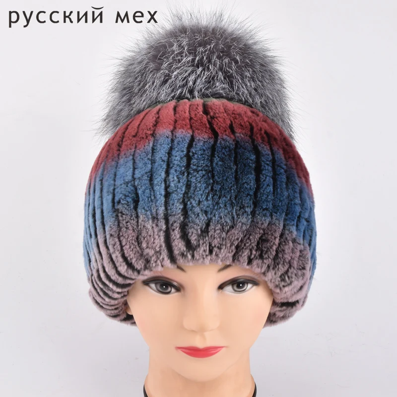 Зимна шапка от кожа заек рекс за жени с pom-помераните от лисьего кожа, най-crochet-шапки, кожени шапки, нова марка, ежедневни шапки добро качество Изображение 1