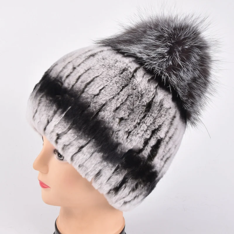 Зимна шапка от кожа заек рекс за жени с pom-помераните от лисьего кожа, най-crochet-шапки, кожени шапки, нова марка, ежедневни шапки добро качество Изображение 3