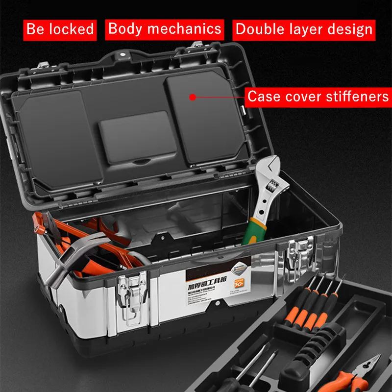 Кутия за инструменти, органайзер, набор от инструменти от неръждаема стомана за механици, двуслойни кутия за съхранение на инструменти, кутии за инструменти от тежка рамка от стомана Изображение 1