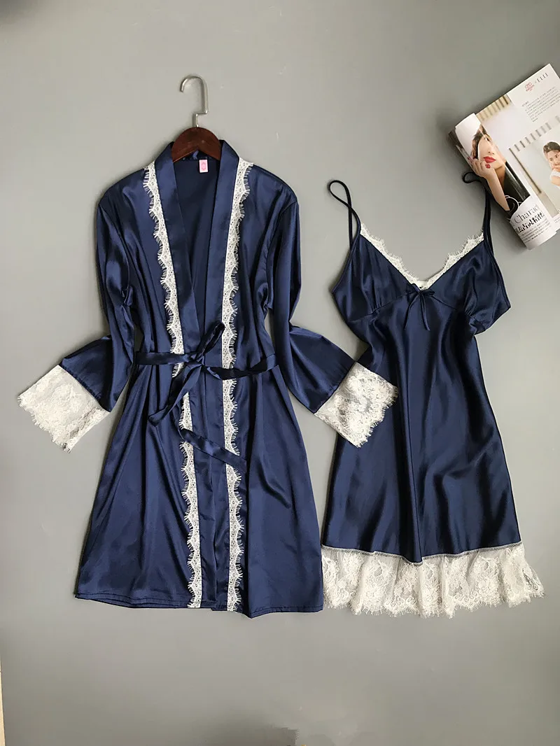 Нов дълъг комплект кимоно-халат Twinset в китайски стил за булката, сватбена рокля, секси лейси пижама, нощница от вискоза, бельо меко домашно рокля Изображение 1