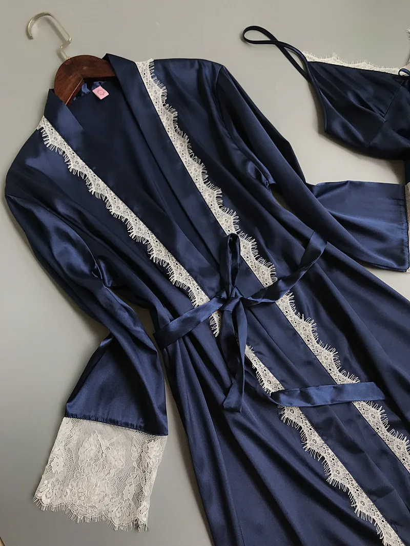 Нов дълъг комплект кимоно-халат Twinset в китайски стил за булката, сватбена рокля, секси лейси пижама, нощница от вискоза, бельо меко домашно рокля Изображение 4