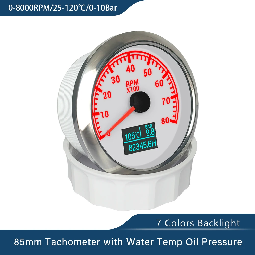 Нов Универсален 85 мм Тахометър 3 в 1 3k 4k 6k 7к 8k об/мин и с Налягане на маслото, с Часове, Измерителем на Температурата на Водата, 7 Цвята Осветление За Кола, Лодка Изображение 0