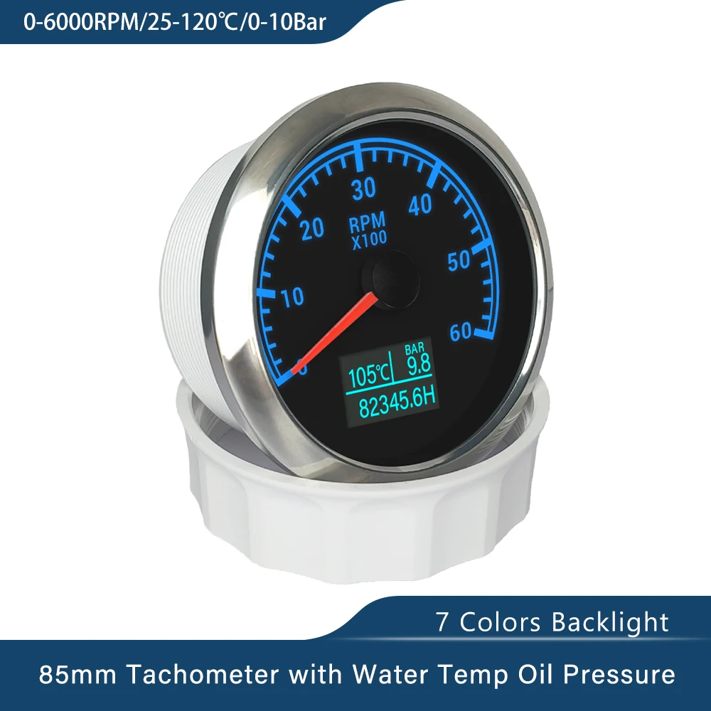 Нов Универсален 85 мм Тахометър 3 в 1 3k 4k 6k 7к 8k об/мин и с Налягане на маслото, с Часове, Измерителем на Температурата на Водата, 7 Цвята Осветление За Кола, Лодка Изображение 1