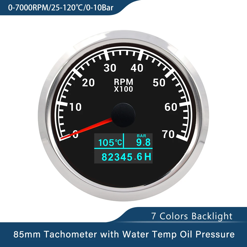 Нов Универсален 85 мм Тахометър 3 в 1 3k 4k 6k 7к 8k об/мин и с Налягане на маслото, с Часове, Измерителем на Температурата на Водата, 7 Цвята Осветление За Кола, Лодка Изображение 3