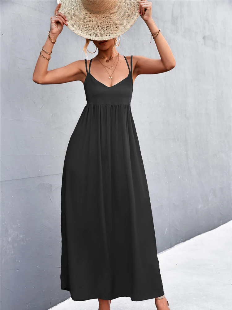 Ново однотонное черна рокля на подтяжках, секси дълги рокли в ретро стил с леко V-образно деколте и цепка отстрани, плажно парти 2022, лятна нови дрехи Изображение 4