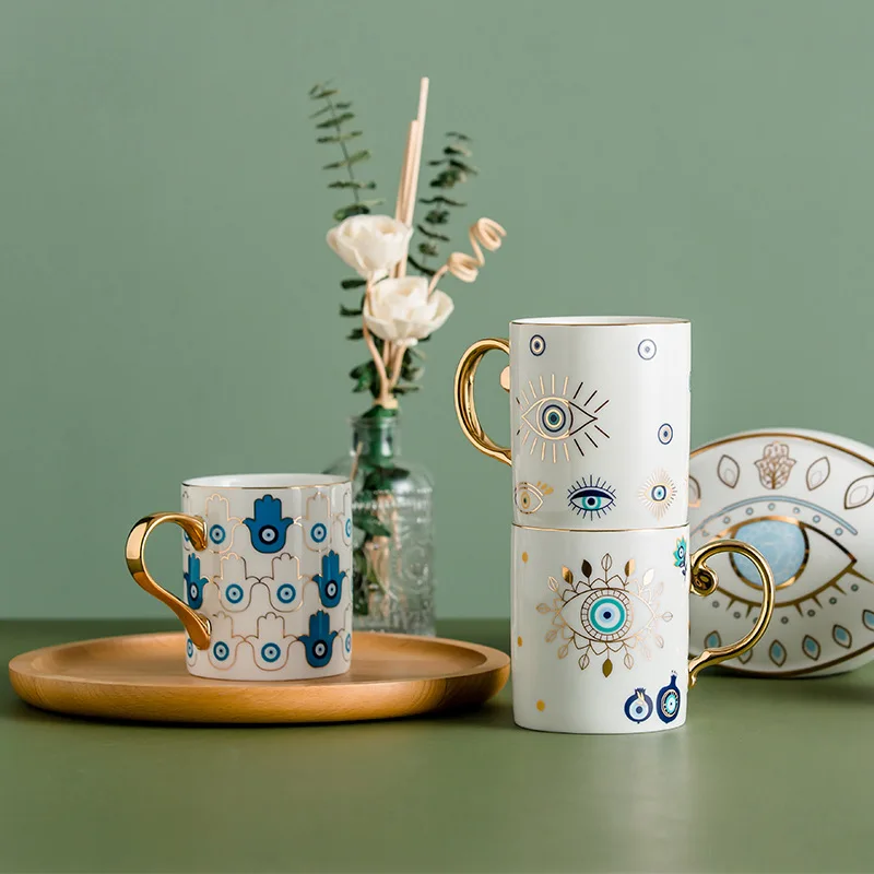 Скандинавските луксозни дяволски очи, декоративни керамични и порцеланови чаши за кафе, комплект чаени чаши за декорация на дома Изображение 2