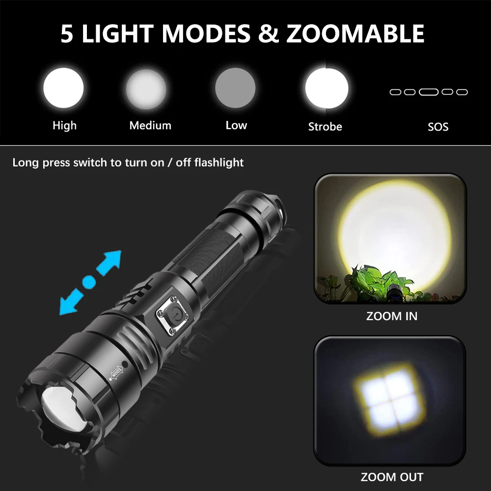 Супер ярки led фенерче XHP70.2, тактически фенер, USB акумулаторна лампа с увеличение, водоустойчив 18650, риболовен фенер, 5 режима, лампа Изображение 2
