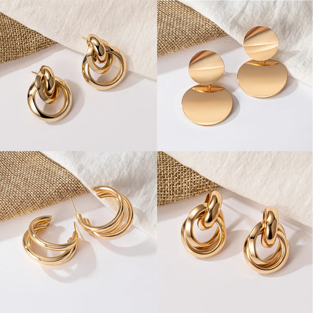 Уникални метални висящи обеци в стил пънк, златист цвят, геометричен кръг, с възел, с листа, ушни бижута за жени, хип-хоп подарък Изображение 0