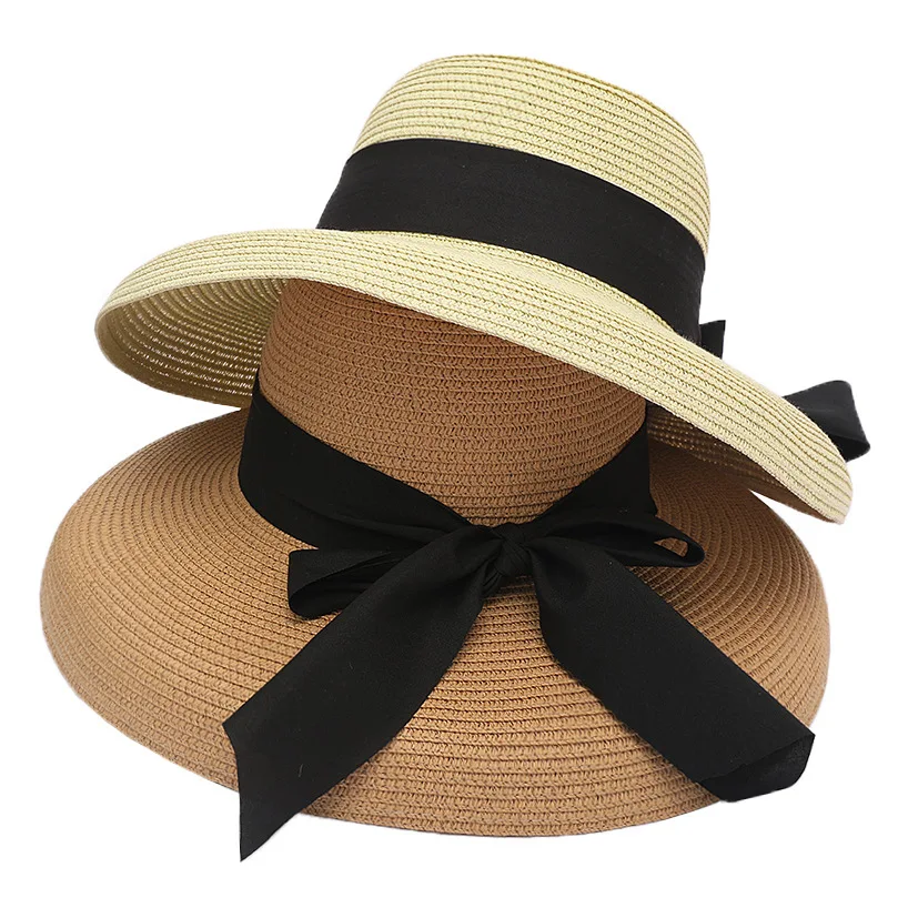 Френска сламена шапка Хепбърн с лък, дамски лятна морска солнцезащитная сянка с голяма периферия, Пътуване, почивка, Див плаж Изображение 0