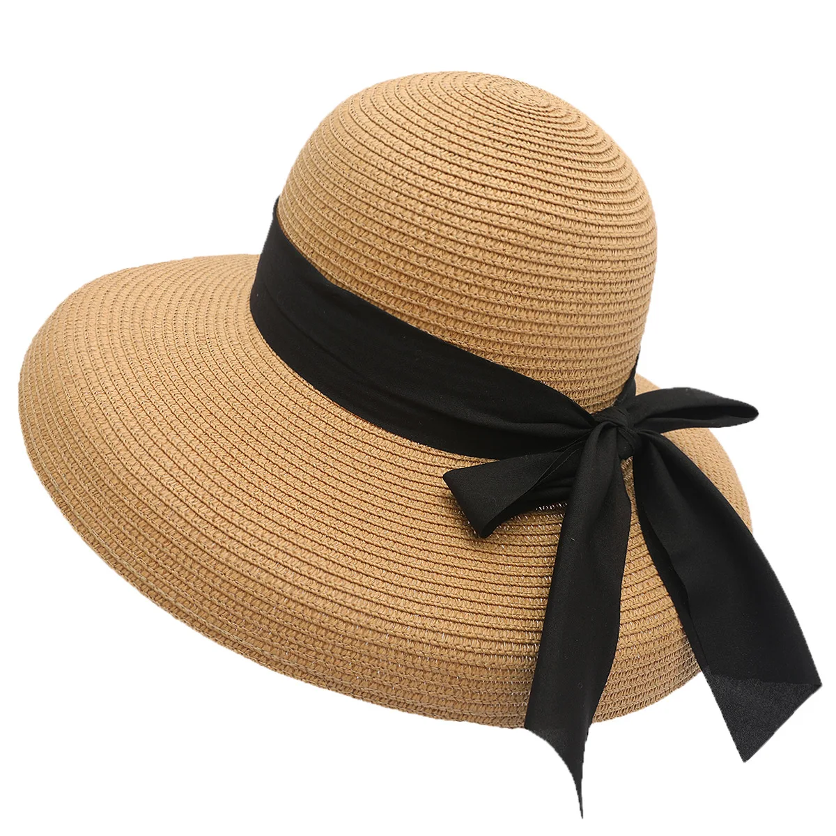 Френска сламена шапка Хепбърн с лък, дамски лятна морска солнцезащитная сянка с голяма периферия, Пътуване, почивка, Див плаж Изображение 1
