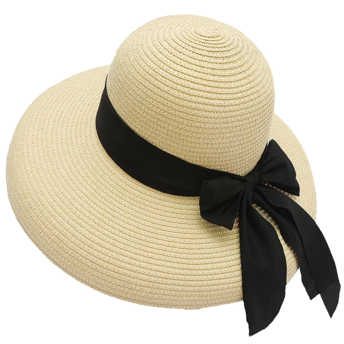 Френска сламена шапка Хепбърн с лък, дамски лятна морска солнцезащитная сянка с голяма периферия, Пътуване, почивка, Див плаж Изображение 2