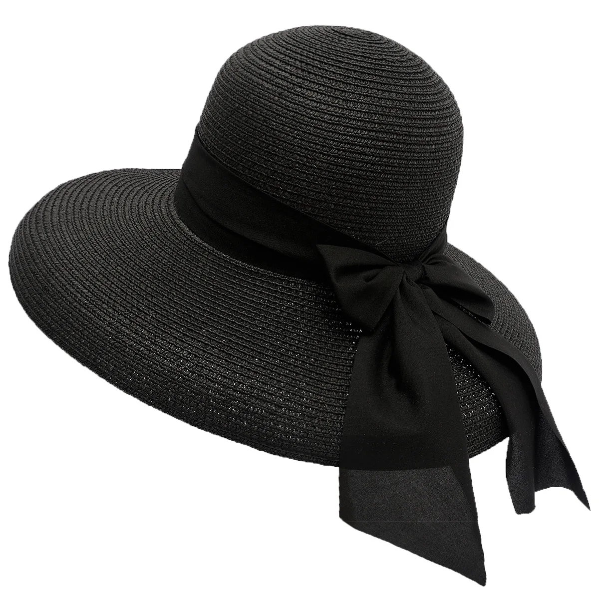 Френска сламена шапка Хепбърн с лък, дамски лятна морска солнцезащитная сянка с голяма периферия, Пътуване, почивка, Див плаж Изображение 5