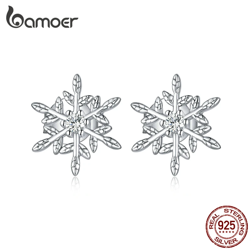 bamoer Автентични обеци от сребро проба 925 с романтични снежинками за жени, бижута в корейски стил, Moda Bijoux BSE424 Изображение 0